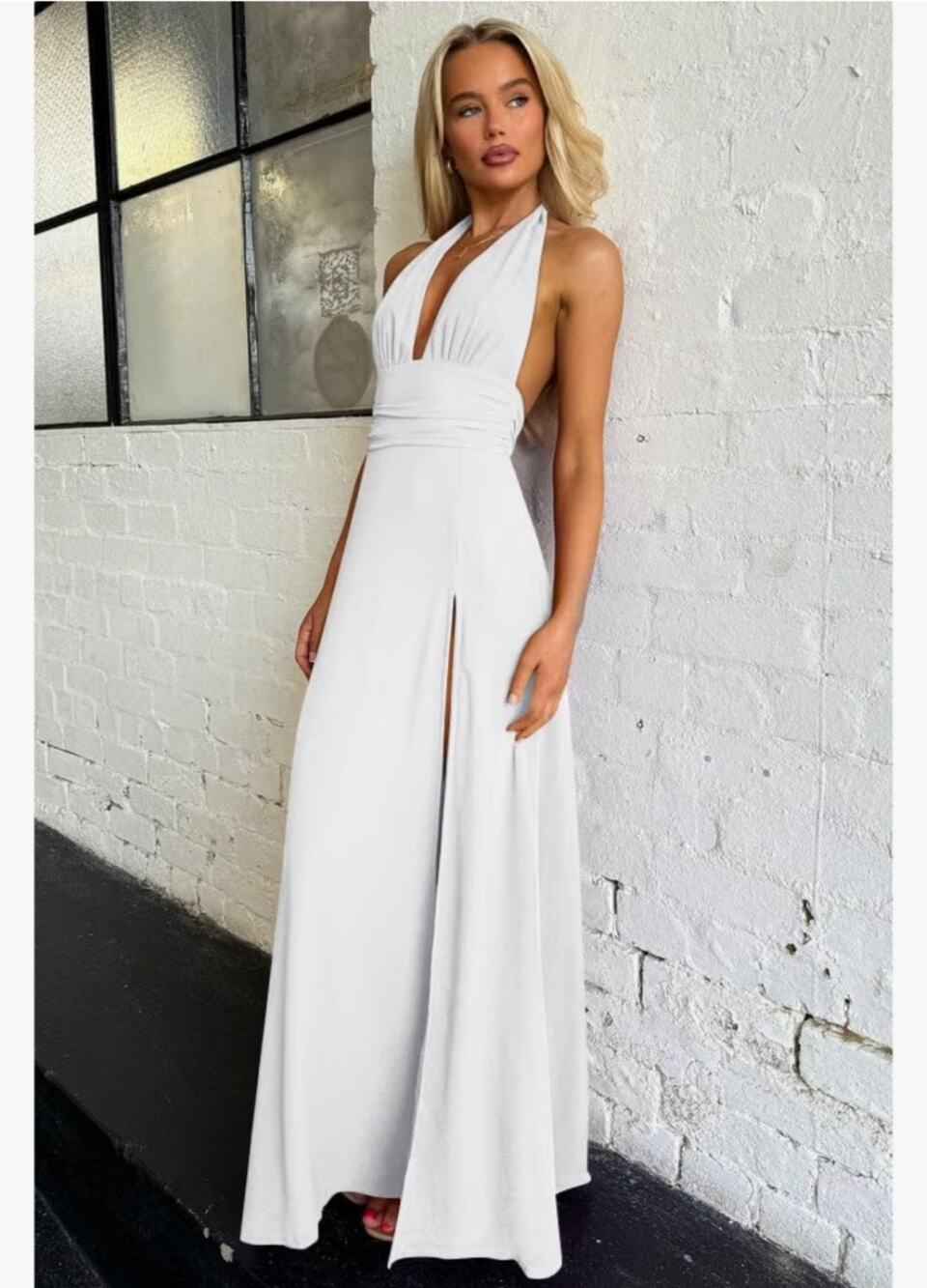 #281 MSRP $50 NWOT GOKATOSAU WHITE HALTER PLUNGING NECK HIGH SLIT MAXI ♡SIZE L♡